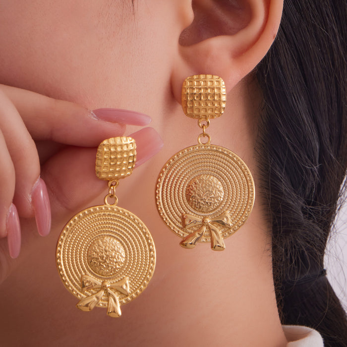 Bow Hat And Curb Chain Drop Earrings Gold Or Steel Tone