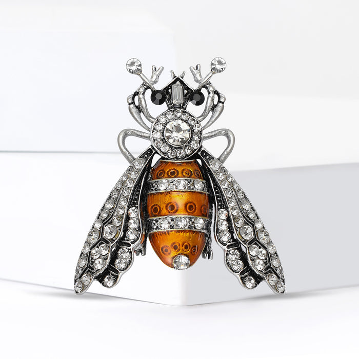 Antique Silver Bee Brooch Amber Enamel Rhinestone Wings