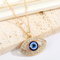 Large Almond Crystal Halo Blue Evil Eye Pendant Necklaces in Two Finishes view 2