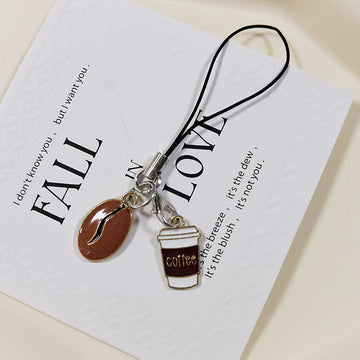 Coffee Bean and Cup Black Phone Strap Charm with Metal Tags