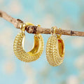 Gold Tone Textured Rounded Hoop Earrings Polished Metal Jewelry view 3