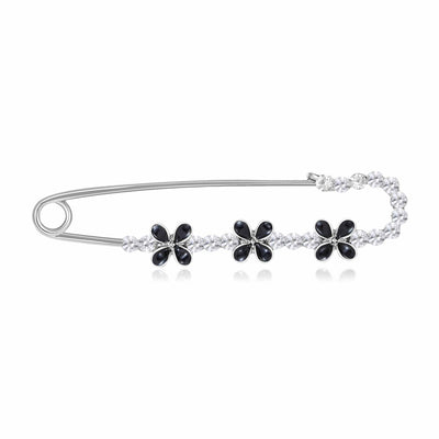Silver black clover crystal safety pin brooch horizontal front view