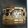 Gold Tone Wide Band Round Crystal Blue Side Stone Ring 6-10 view 2