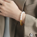 Gold Round Bead White Baroque Pearl Stretch Bracelet Beaded view 4