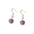 Gold Tone White Pearl And Purple Glass Flower Hook Earrings view 5