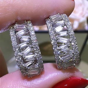 Baguette Crystal Wide Huggie Hoop Earrings in Silver Tone