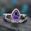 Silver Purple Pear CZ Halo Two Piece Ring Set Sizes 6-10 view 3