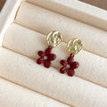Burgundy Red Enamel Bow Heart Flower Pearl Earrings view 6