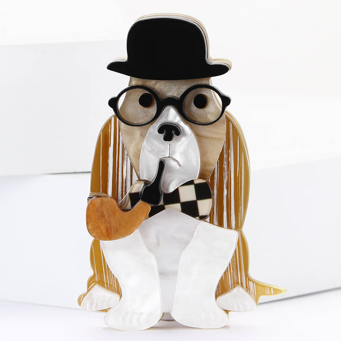 Acrylic Smoking Dog Brooch with Hat Glasses and Bow Tie
