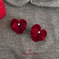 Wine Red Flocked Velvet Geometric Heart Bow Stud Earrings view 3
