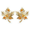 Gold Maple Leaf Stud Earrings With Amber And Clear CZ view 5
