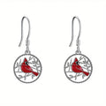 Red Bird Branch Disc Drop Earrings in Silver Tone Jewelry view 5