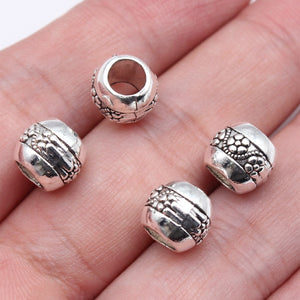 Antique Silver-Tone Barrel Spacer Bead with Floral Band, 5.3mm Large Hole
