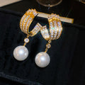Crystal Geometric Hoop Pearl Drop Earrings Statement Jewelry view 1