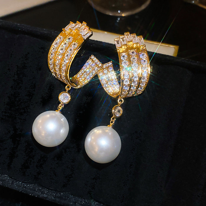 Crystal Geometric Hoop Pearl Drop Earrings Statement Jewelry