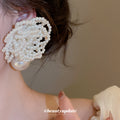 White Beaded Lace Flower Stud Earrings with Faux Pearl Drops view 3