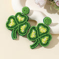 Green Seed Bead Three-Leaf Clover Drop Earrings With Pearl Beads view 6