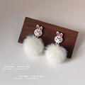 White Cartoon Bunny Face Fluffy Pom Pom Drop Earrings view 4