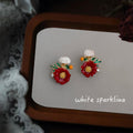 White Pearl Like Top Red Flower Green Leaf Stud Earrings view 4