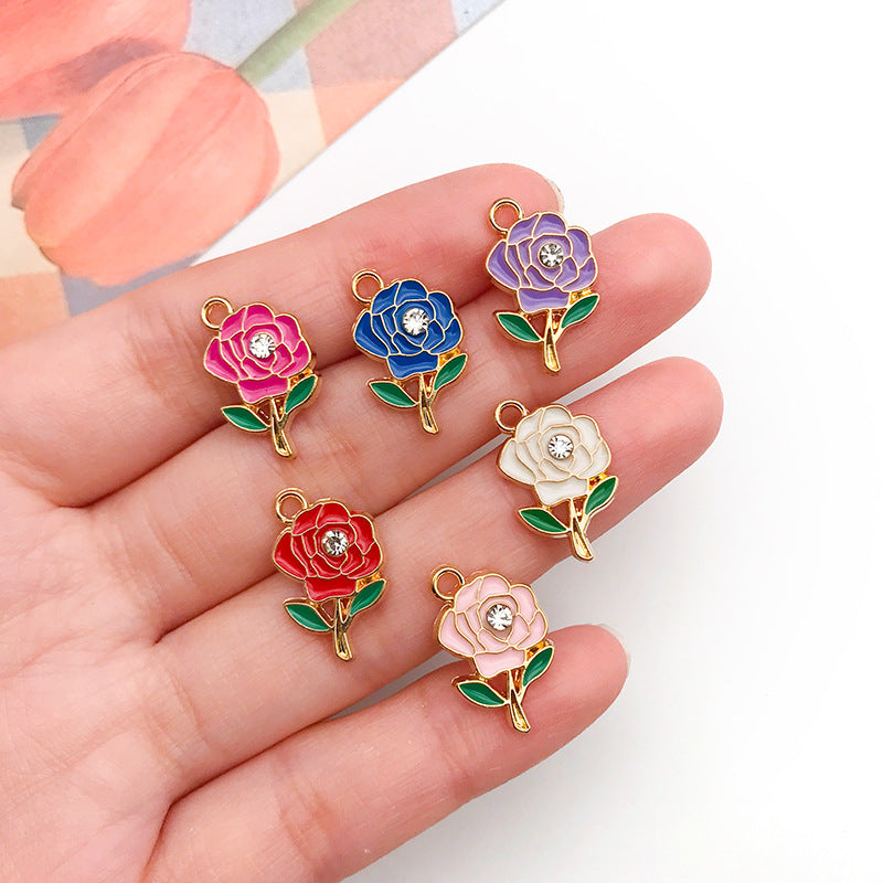 Zinc Alloy Rhinestone Rose Flower Charm Pendant for DIY Earrings Necklace and Bag Decoration