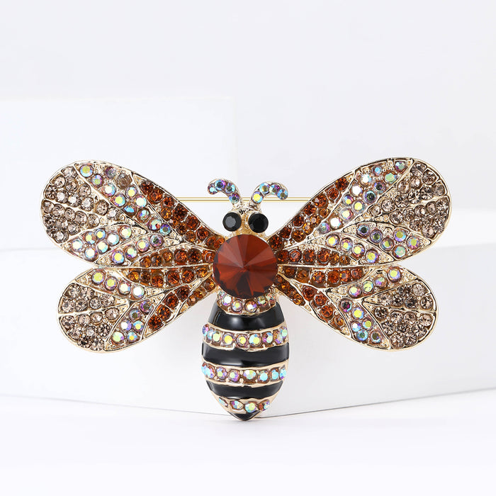 Gold Tone Bee Brooch Covered with Champagne Crystal Wings