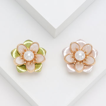Pearl Camellia Brooch in Detailed Metal and Crystal Design