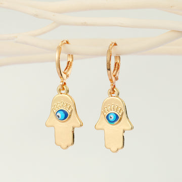 Gold Tone Hamsa Evil Eye Huggie Drop Earrings with Enamel Detail