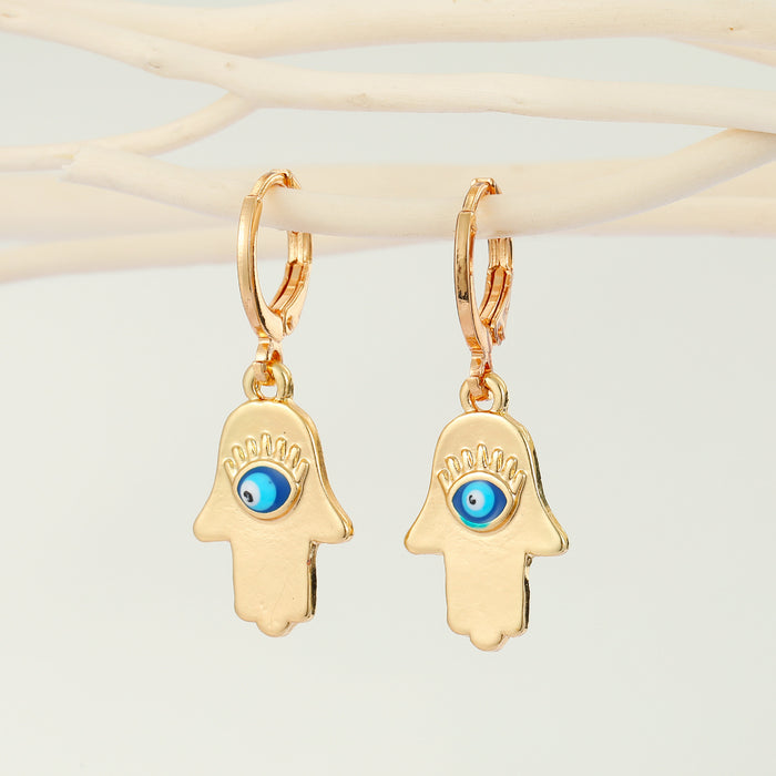 Gold Tone Hamsa Evil Eye Huggie Drop Earrings with Enamel Detail