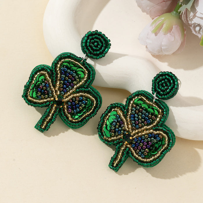 Green Sequin Seed Bead Shamrock Clover Dangle Earrings Pair