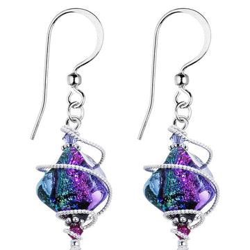 Antique Silver Wire Wrap Iridescent Square Bead Earrings
