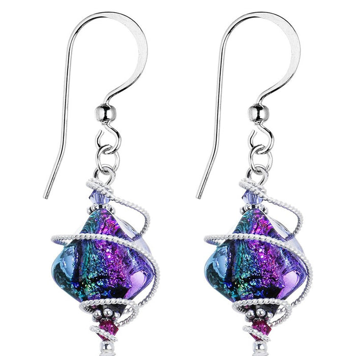 Antique Silver Wire Wrap Iridescent Square Bead Earrings