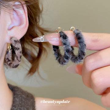 Brown Leopard Flocked Hoop Earrings with Gold Tone Fittings