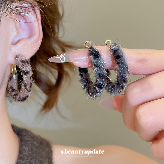 Brown Leopard Flocked Hoop Earrings with Gold Tone Fittings