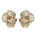 White Enamel Iris Flower Stud Earrings Gold CZ Leaf view 5