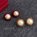 Flocked Rim Pearl Dome Stud Earrings Burgundy Khaki view 3