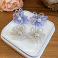 Crystal Beaded Flower Stud Earrings in White and Blue view 4
