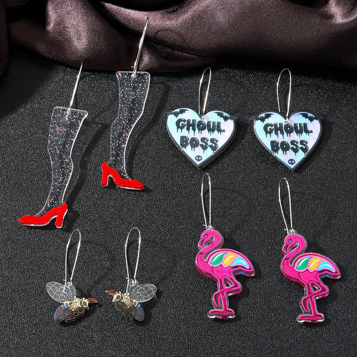 Silver Tone Acrylic Ghoul Heart Flamingo Boot and Bee Hook Earrings