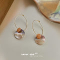 Gold Tone Iridescent Round Shell Like Disc Large Hoop Earrings view 4