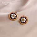 Gold Wine Red Pearl Flower Round Stud Earrings Pair view 3