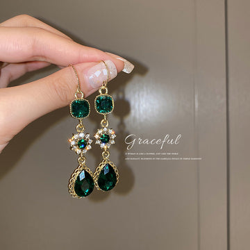 Green Crystal Floral Teardrop Hook Earrings Fashion Jewelry Accessories