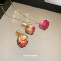 Three Gold Tone Rose Flower Earring And Necklace Designs In Pink Shades view 4