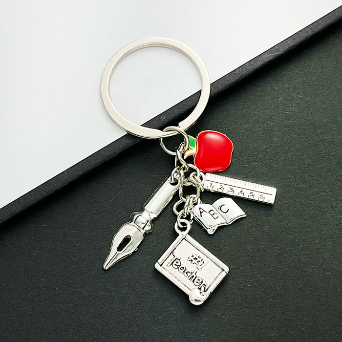 Antique Silver School Pen Ruler Book and Red Apple Charm Keychain