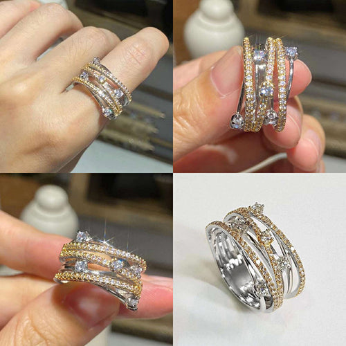 Four-panel collage of two-tone multi-row crossed stone rings