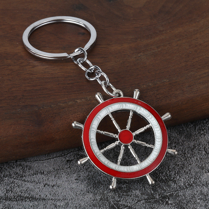 Nautical Anchor and Ship Wheel Metal Keychain with Blue White Charms