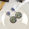Blue Rose Crane Round Scenic Long Dangle Stud Earrings view 2