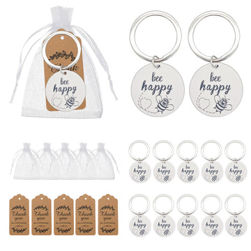 Bee Happy Round Wood Disc Keychain Metal Split Ring