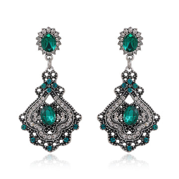Aqua Silver Tone Green Palace Fan Crystal Metal Dangle Earrings