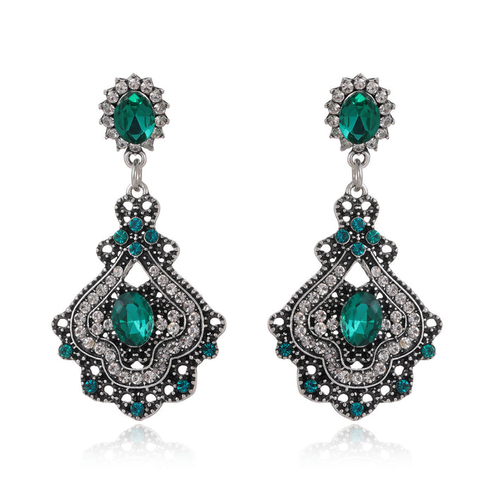 Aqua Silver Tone Green Palace Fan Crystal Metal Dangle Earrings