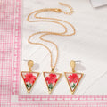 Gold Tone Triangle Red Pressed Flower Pendant Necklace and Stud Earrings view 4