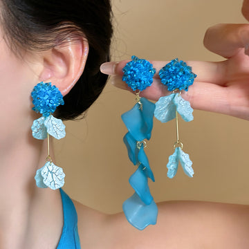 Blue Fabric Petal Tassel Earrings in Two Designs Fashion Jewelry